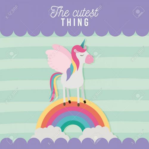 the cutest thing poster with unicorn over rainbow and lines colorful background