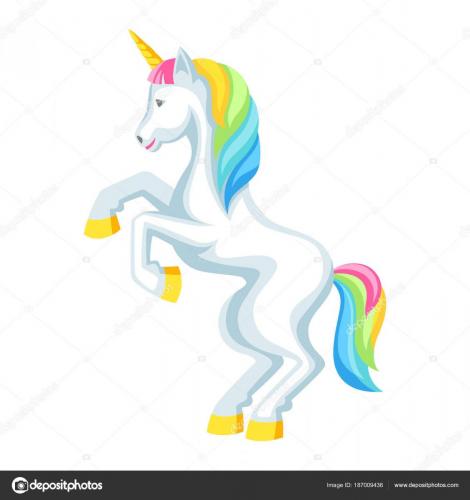 Fantasy pretty white unicorn with colorful mane. Cartoon illustration