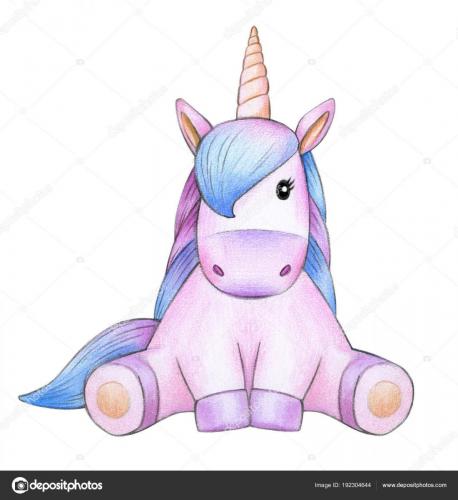 Cute sitting unicorn cartoon, isolated on white.